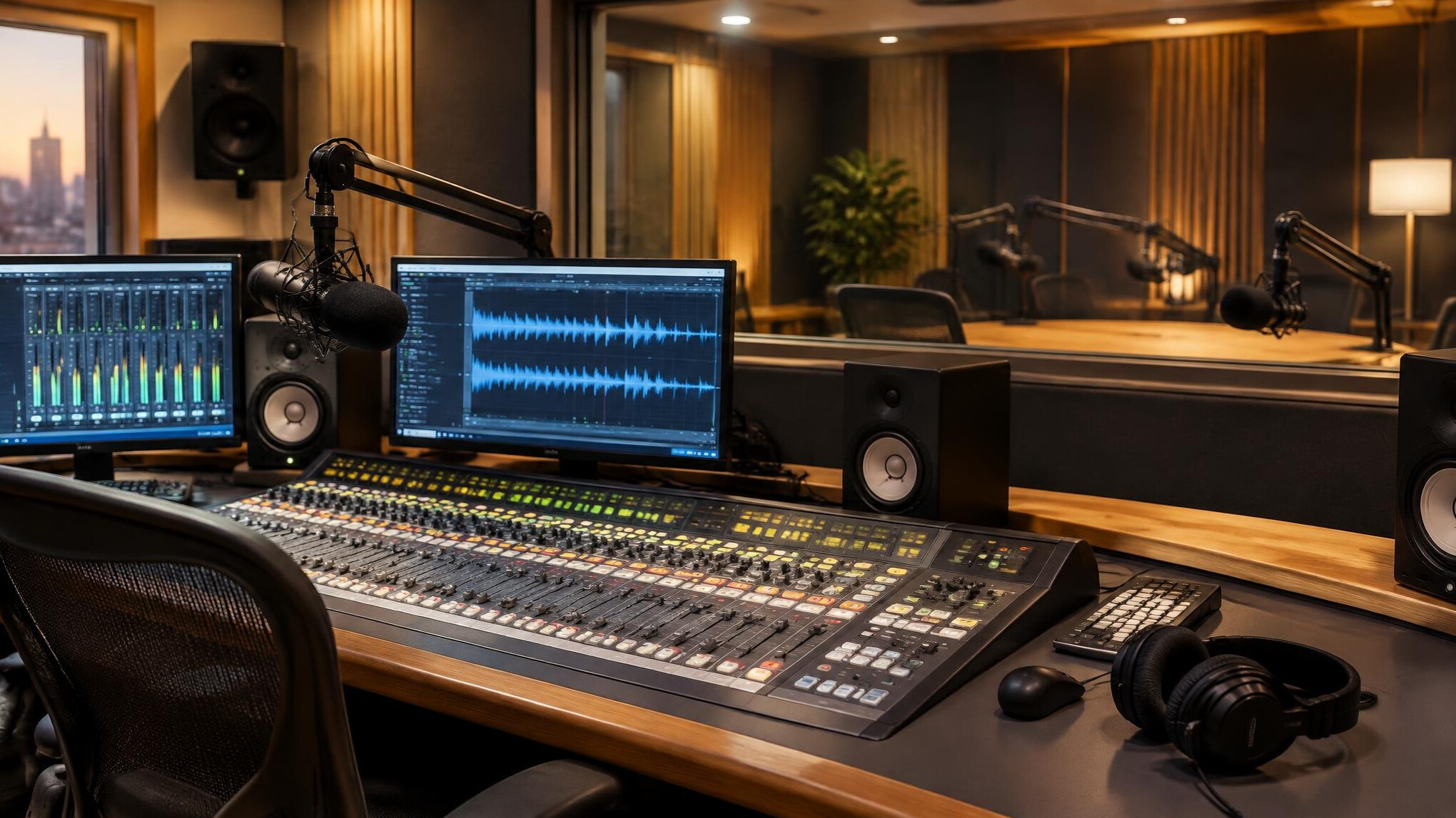 Broadcast audio studio with microphones and mixing desk