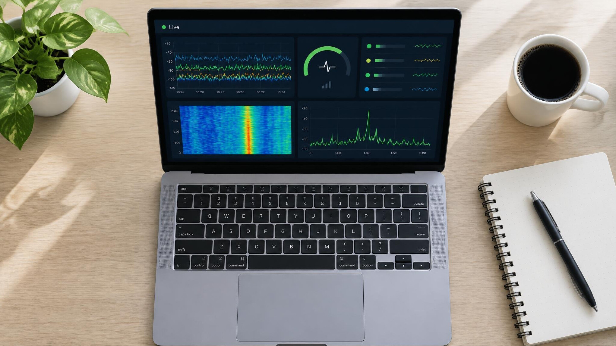 Laptop with monitoring dashboards on a desk