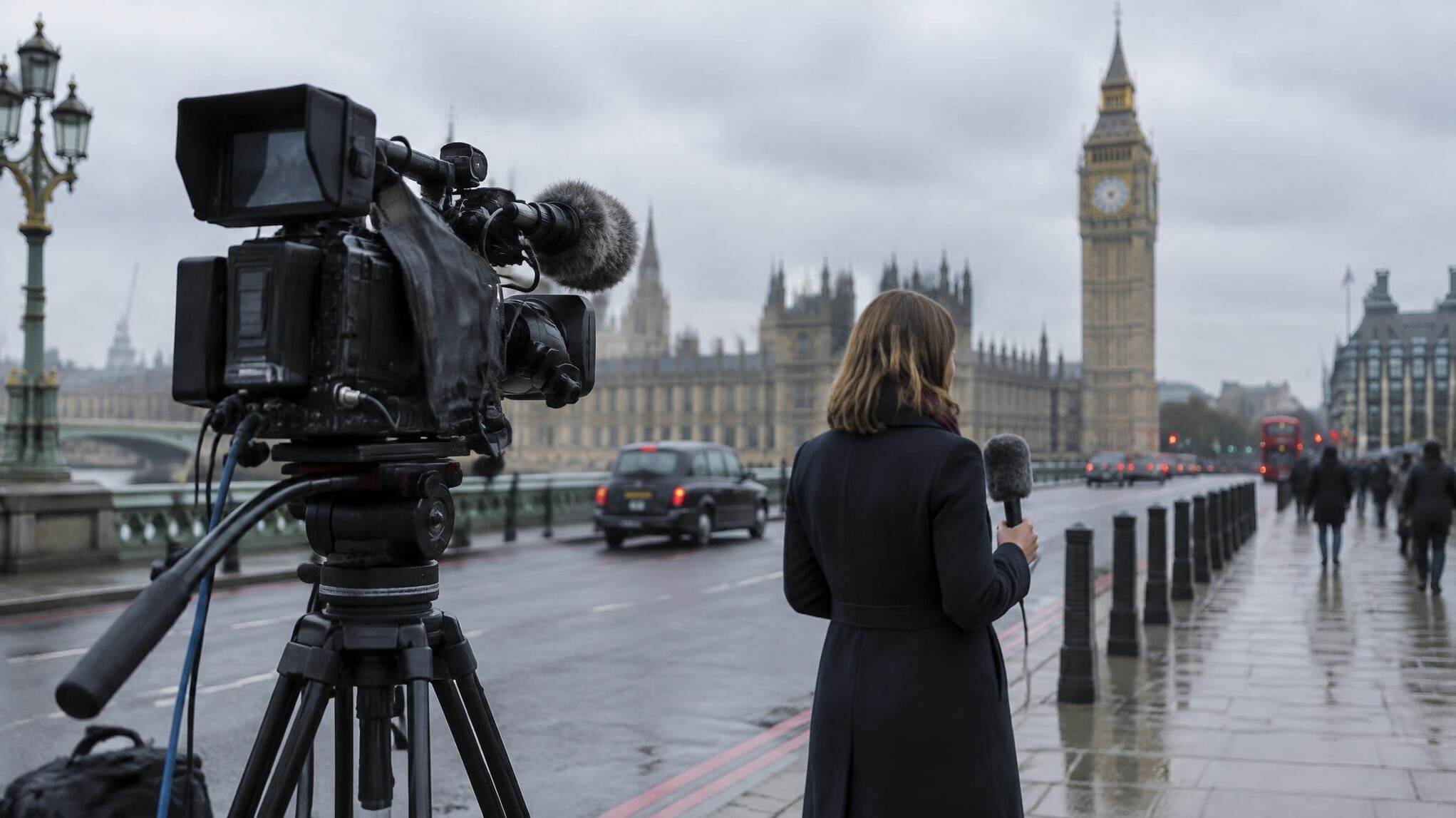 Camera crew filming an outdoor news report