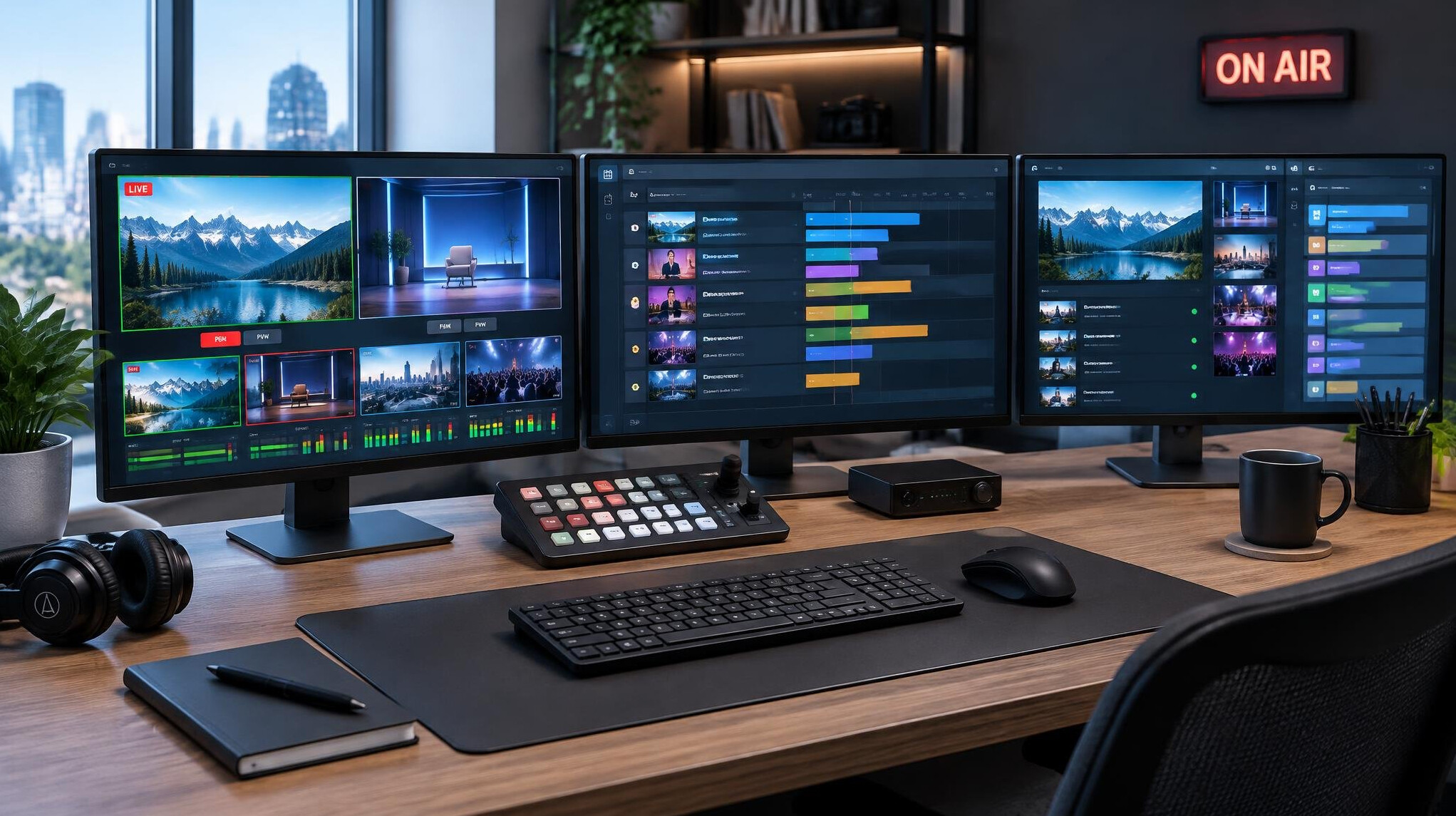 Workspace with multiple screens showing broadcast output